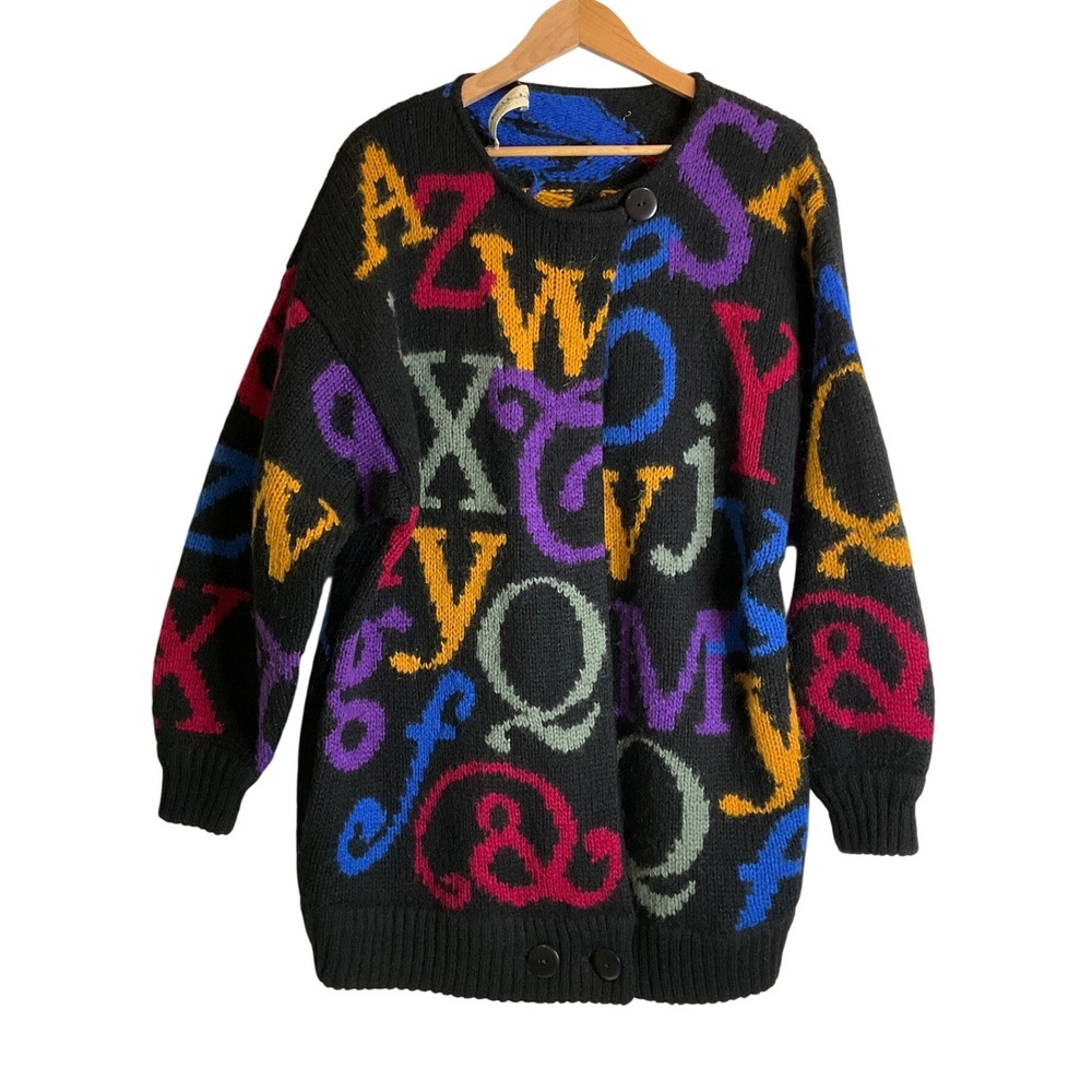 Vintage Cervelle Alphabet Letters Cardigan Sweater‎ Oversized Wool Blend Cosby